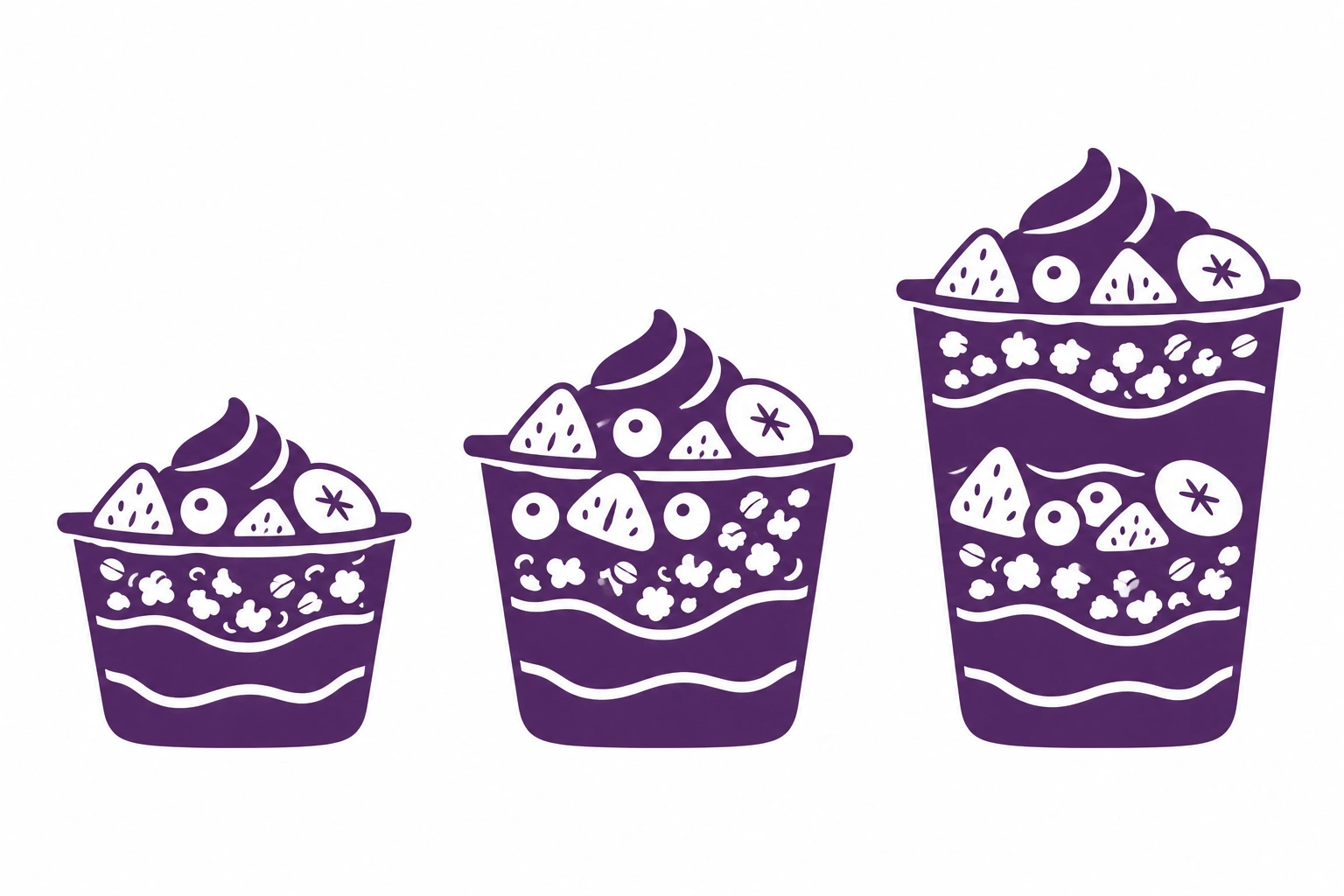 Single-color cut-paper illustration comparing Small, Regular and tall King açaí bowls. The King contains two layers of base, fruit and granola.