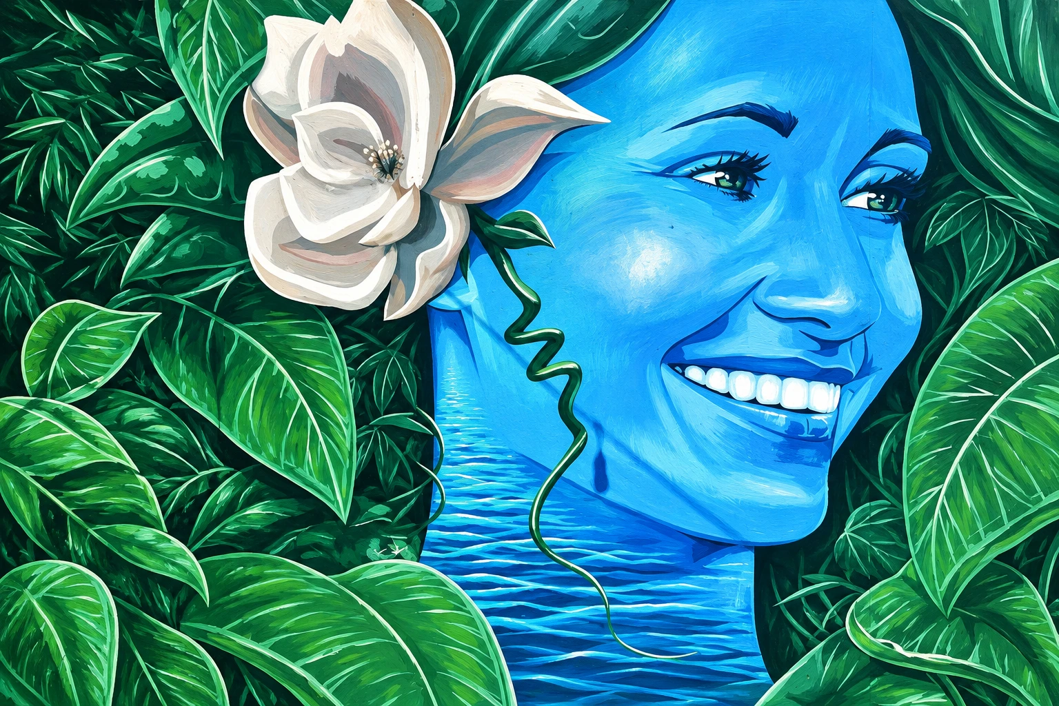 Downtown Columbia’s Mother Nature mural with a blue portrait, white flower and tropical leaves