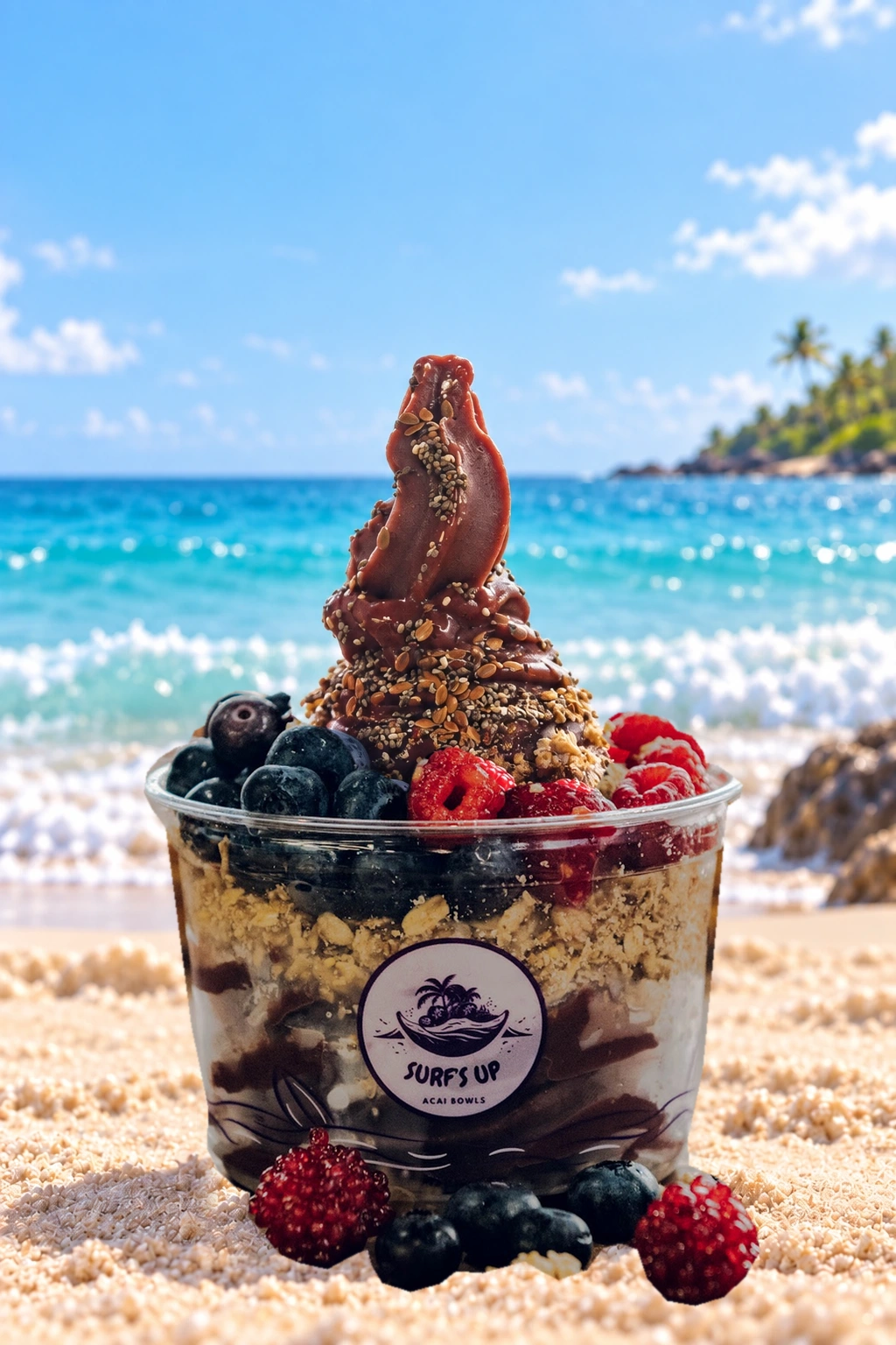 Surf’s Up açaí bowl with blueberries, raspberries and a tall açaí swirl on a sunny beach