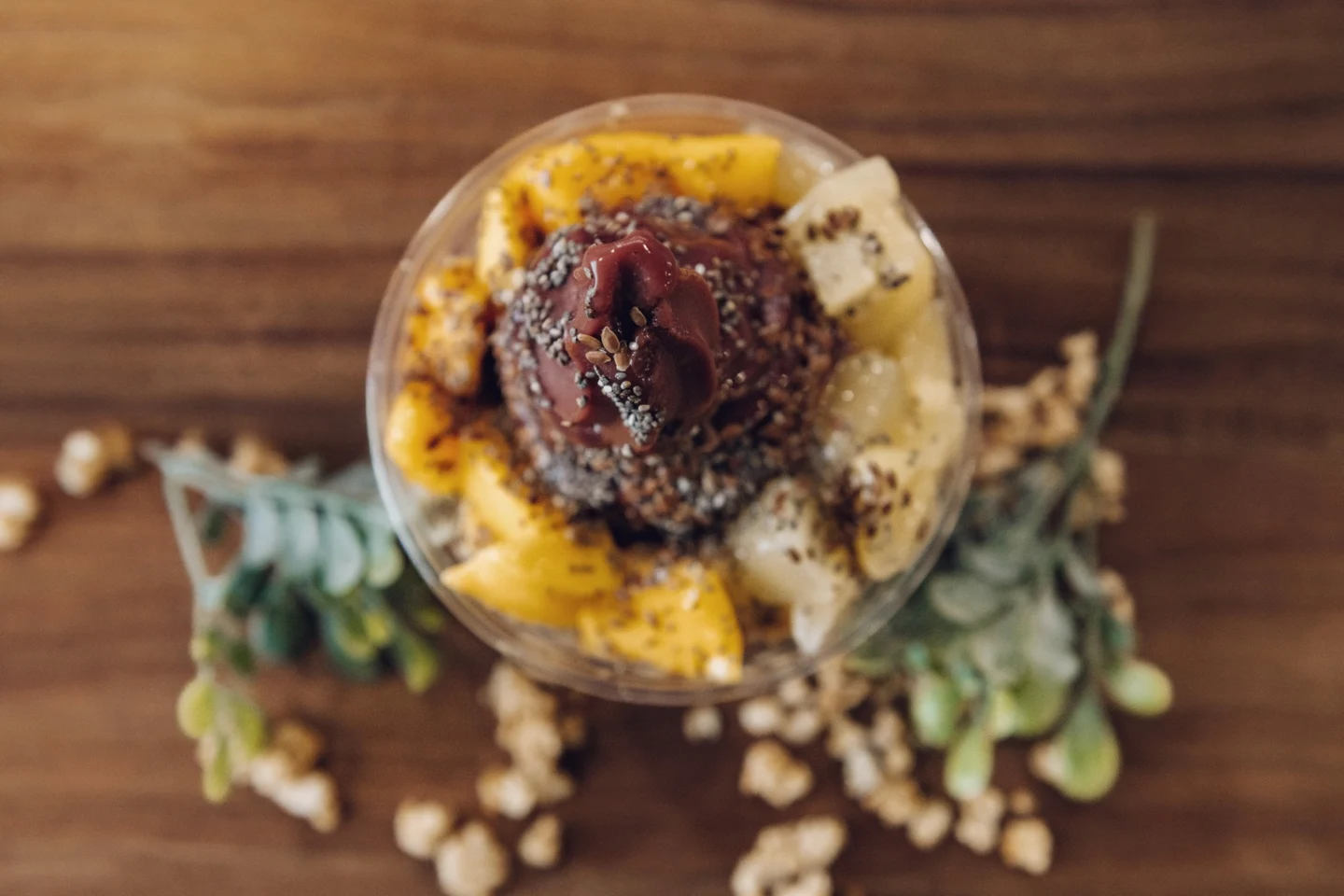 Overhead view of the tropical fruit açaí bowl